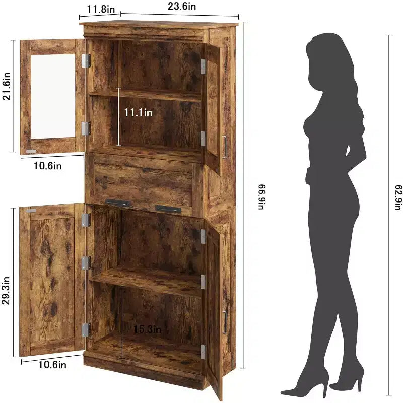 67 Tall Bathroom Storage Cabinet with 4 Doors and Drawer, Adjustable Shelves, Freestanding Organizer for Bathroom, Kitchen, and Living Room, Brown