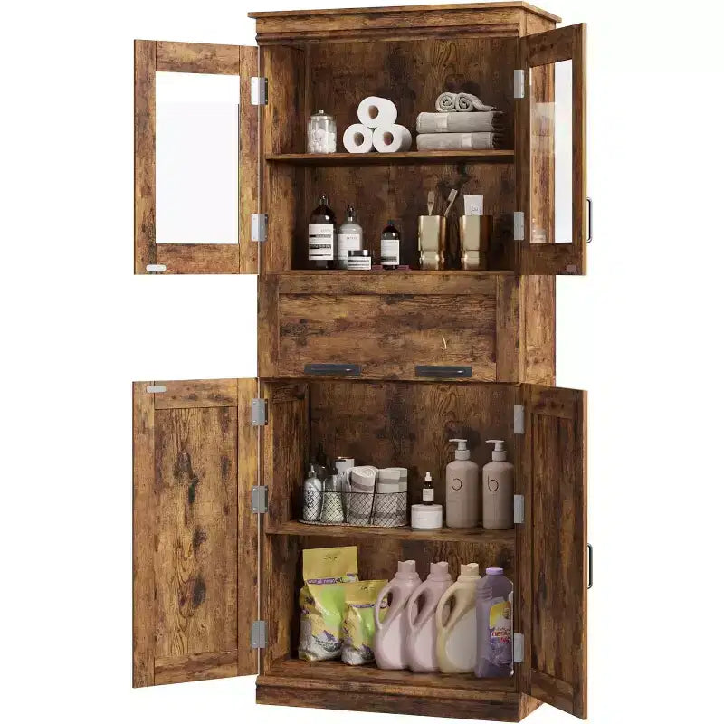 67 Tall Bathroom Storage Cabinet with 4 Doors and Drawer, Adjustable Shelves, Freestanding Organizer for Bathroom, Kitchen, and Living Room, Brown
