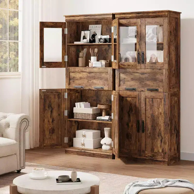 67 Tall Bathroom Storage Cabinet with 4 Doors and Drawer, Adjustable Shelves, Freestanding Organizer for Bathroom, Kitchen, and Living Room, Brown