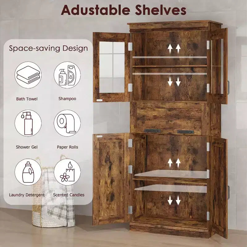 67 Tall Bathroom Storage Cabinet with 4 Doors and Drawer, Adjustable Shelves, Freestanding Organizer for Bathroom, Kitchen, and Living Room, Brown