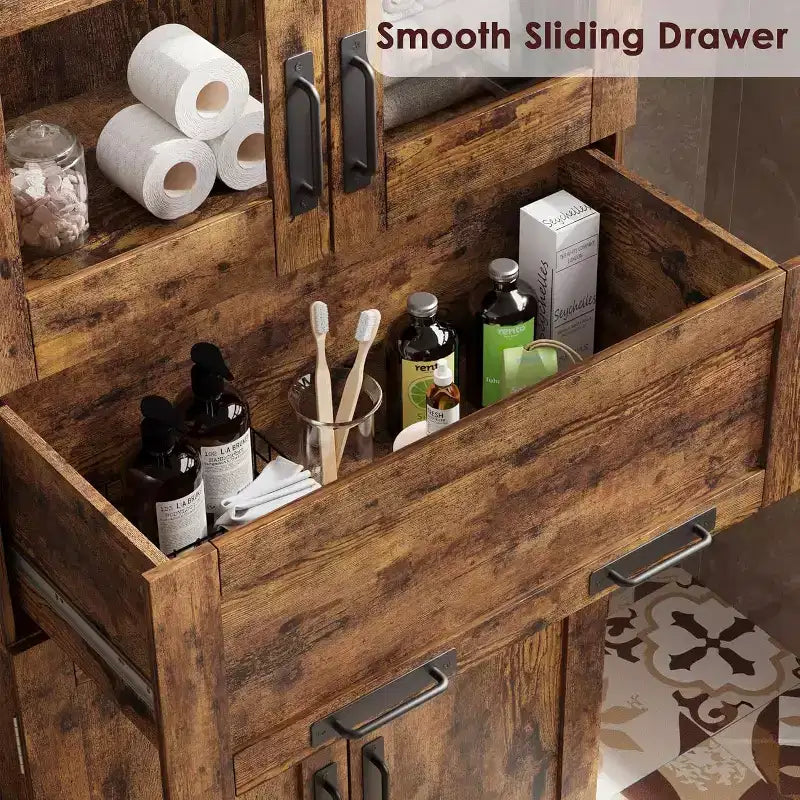 67 Tall Bathroom Storage Cabinet with 4 Doors and Drawer, Adjustable Shelves, Freestanding Organizer for Bathroom, Kitchen, and Living Room, Brown