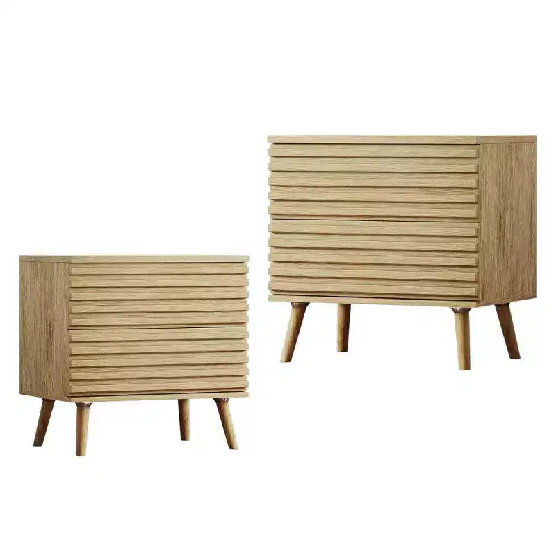 HomeRoots Set of Two 23 Natural Solid Wood Ribbed Texture Two Drawer Nightstand