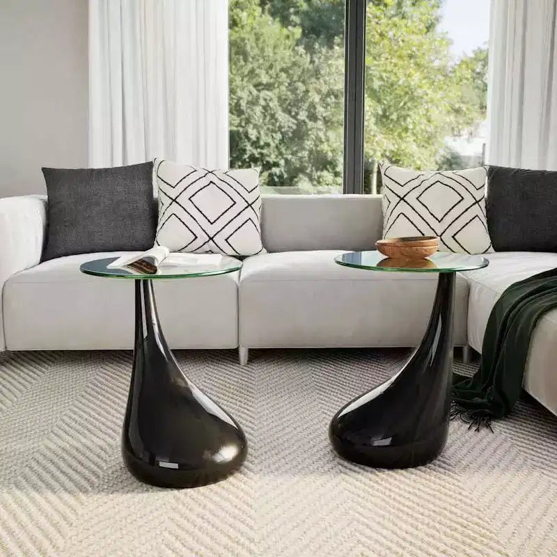 vidaXL Coffee Table End Table Living Room Side Table with Round Glass Top - Black 2-Pack