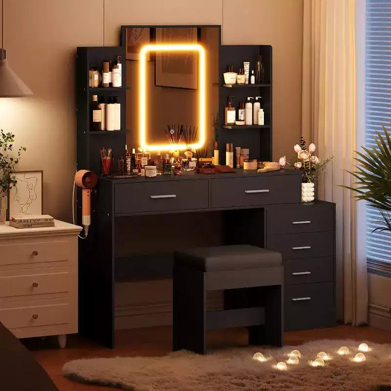Makeup Table with Mirror & Lights, Makeup Vanity Desk, 3 Color Modes, with Power Outlet, Modern Vanity Table