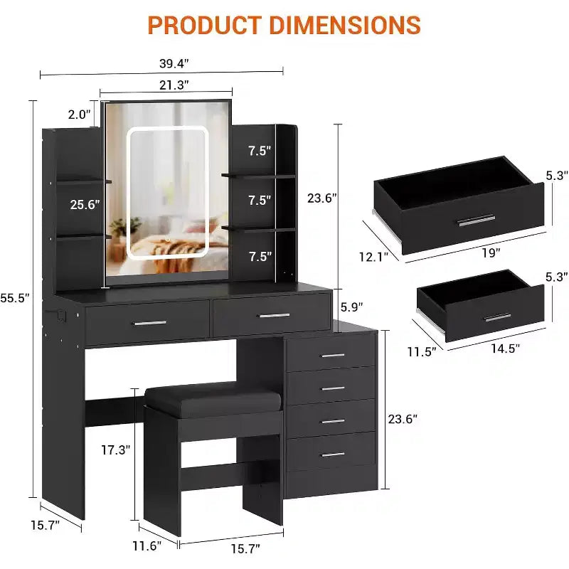 Makeup Table with Mirror & Lights, Makeup Vanity Desk, 3 Color Modes, with Power Outlet, Modern Vanity Table