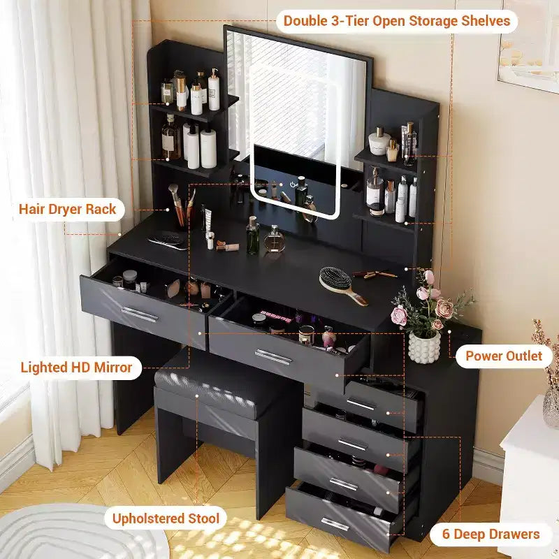 Makeup Table with Mirror & Lights, Makeup Vanity Desk, 3 Color Modes, with Power Outlet, Modern Vanity Table