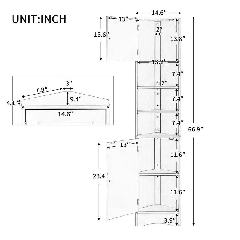 CASAINC 66.9H Tall Corner Cabinet with 2 Doors, Adjustable Shelves, Multi-Functional Storage