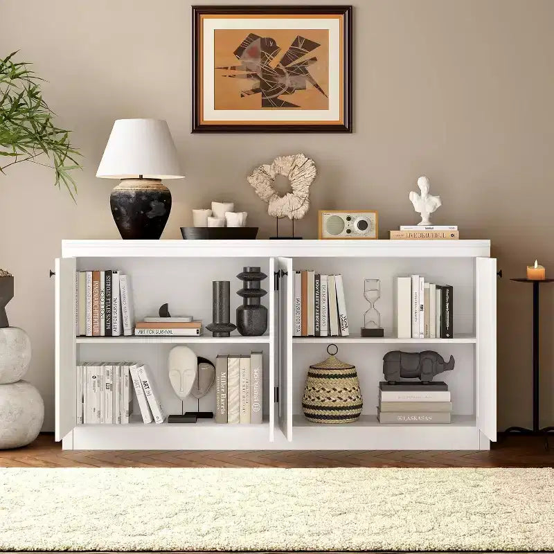 63 in Buffet Cabinet with Storage, Buffet Sideboard with 4 Striped Door, Modern Coffee Bar Cabinet, Kitchen Organization and Storage