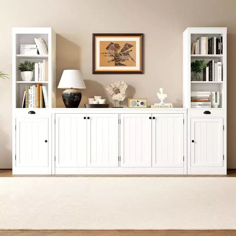 63 in Buffet Cabinet with Storage, Buffet Sideboard with 4 Striped Door, Modern Coffee Bar Cabinet, Kitchen Organization and Storage