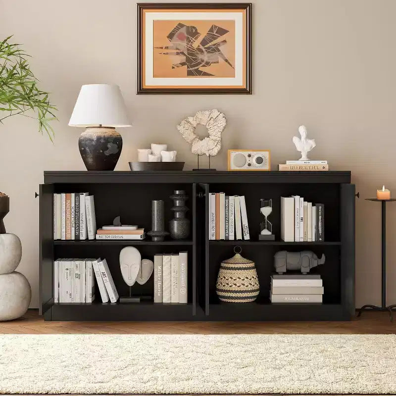 63 in Buffet Cabinet with Storage, Buffet Sideboard with 4 Striped Door, Modern Coffee Bar Cabinet, Kitchen Organization and Storage