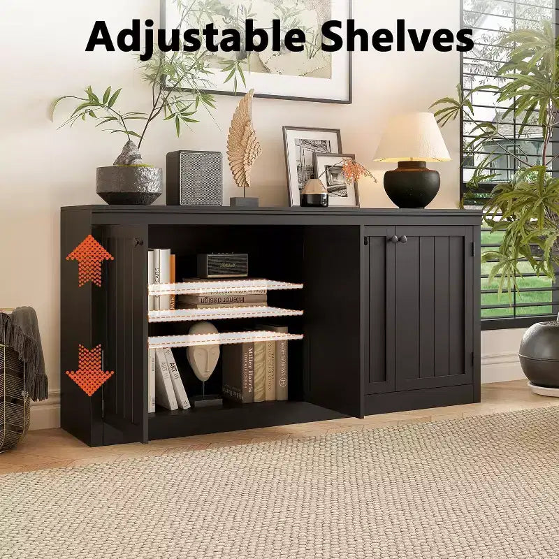 63 in Buffet Cabinet with Storage, Buffet Sideboard with 4 Striped Door, Modern Coffee Bar Cabinet, Kitchen Organization and Storage