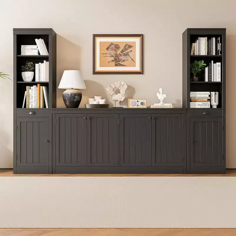 63 in Buffet Cabinet with Storage, Buffet Sideboard with 4 Striped Door, Modern Coffee Bar Cabinet, Kitchen Organization and Storage