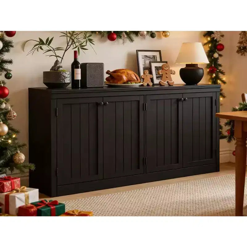 63 in Buffet Cabinet with Storage, Buffet Sideboard with 4 Striped Door, Modern Coffee Bar Cabinet, Kitchen Organization and Storage