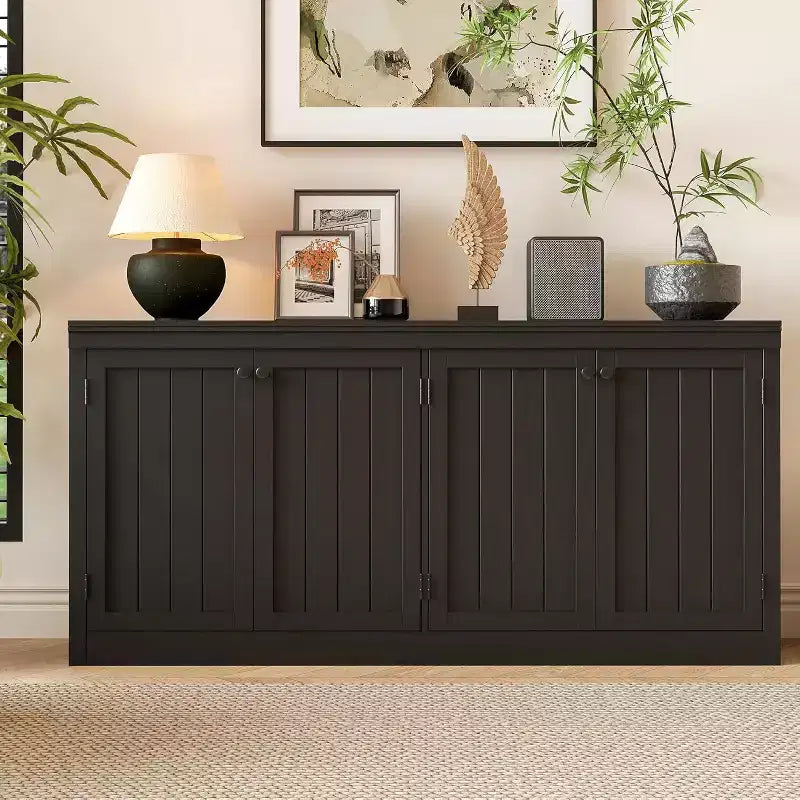 63 in Buffet Cabinet with Storage, Buffet Sideboard with 4 Striped Door, Modern Coffee Bar Cabinet, Kitchen Organization and Storage