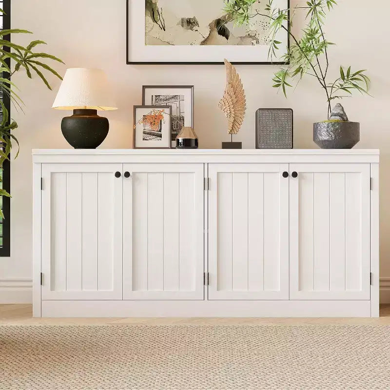63 in Buffet Cabinet with Storage, Buffet Sideboard with 4 Striped Door, Modern Coffee Bar Cabinet, Kitchen Organization and Storage