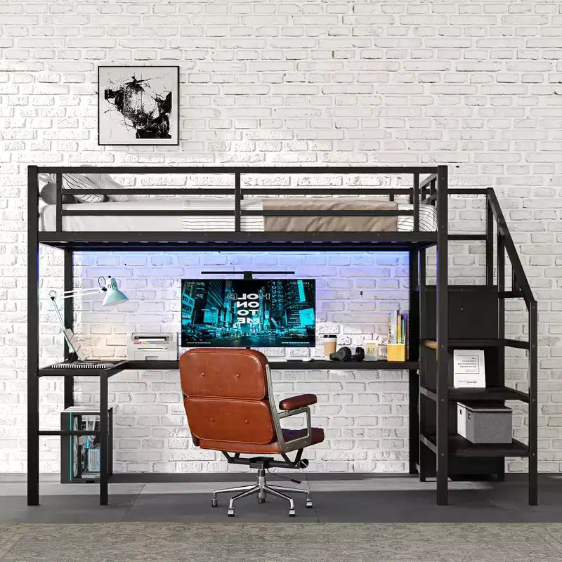 Full Size Loft Bed with L-shaped Desk and USB, Metal Loft Bed with Wardrobe and Adjustable Shelf, High Loft Bed with LED for Kids Teens Adults, Black