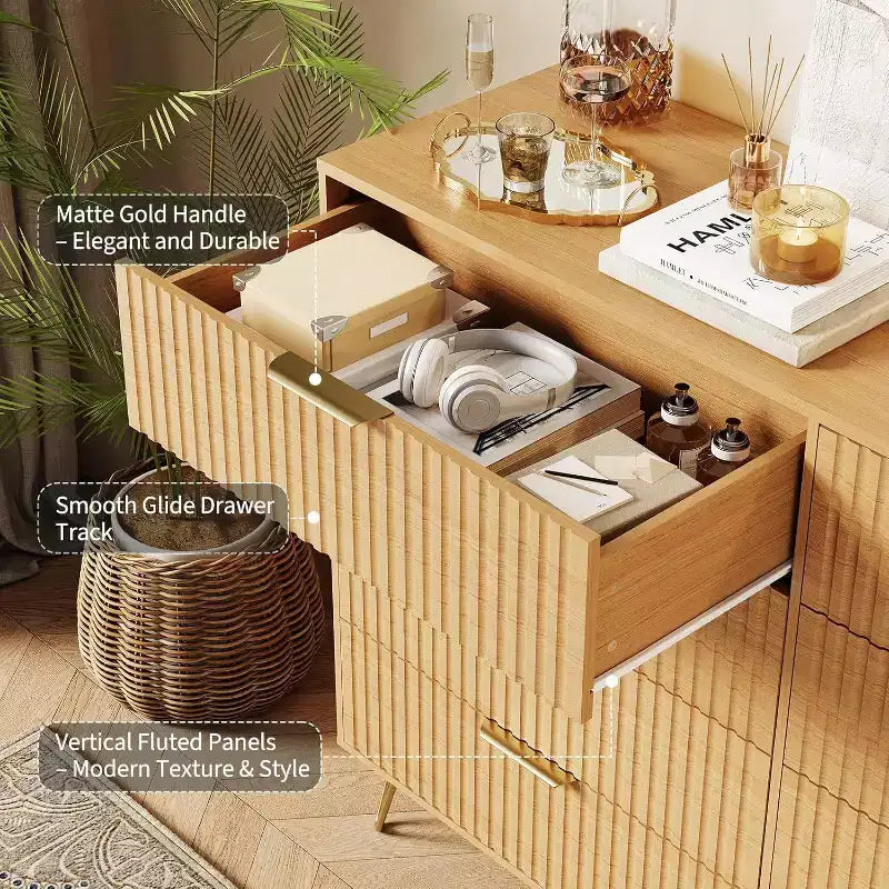 Acekool Fluted Dresser, 55 Wide Modern Bedroom Chest, Storage Organizer & TV Stand