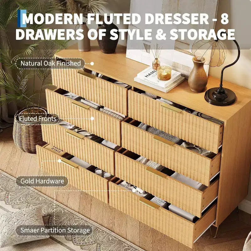 Acekool Fluted Dresser, 55 Wide Modern Bedroom Chest, Storage Organizer & TV Stand