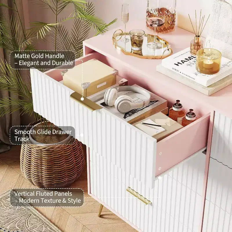 Acekool Fluted Dresser, 55 Wide Modern Bedroom Chest, Storage Organizer & TV Stand