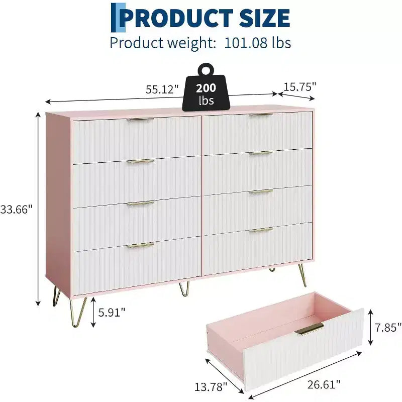 Acekool Fluted Dresser, 55 Wide Modern Bedroom Chest, Storage Organizer & TV Stand