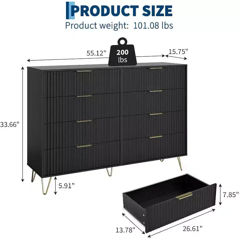 Acekool Fluted Dresser, 55 Wide Modern Bedroom Chest, Storage Organizer & TV Stand