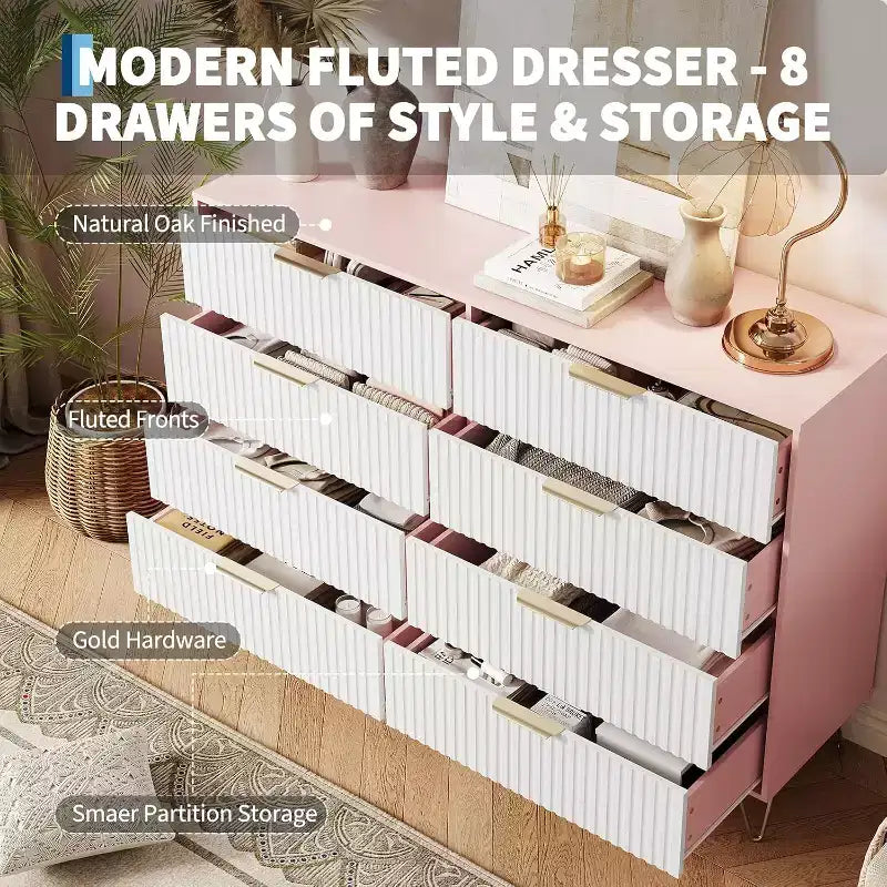Acekool Fluted Dresser, 55 Wide Modern Bedroom Chest, Storage Organizer & TV Stand