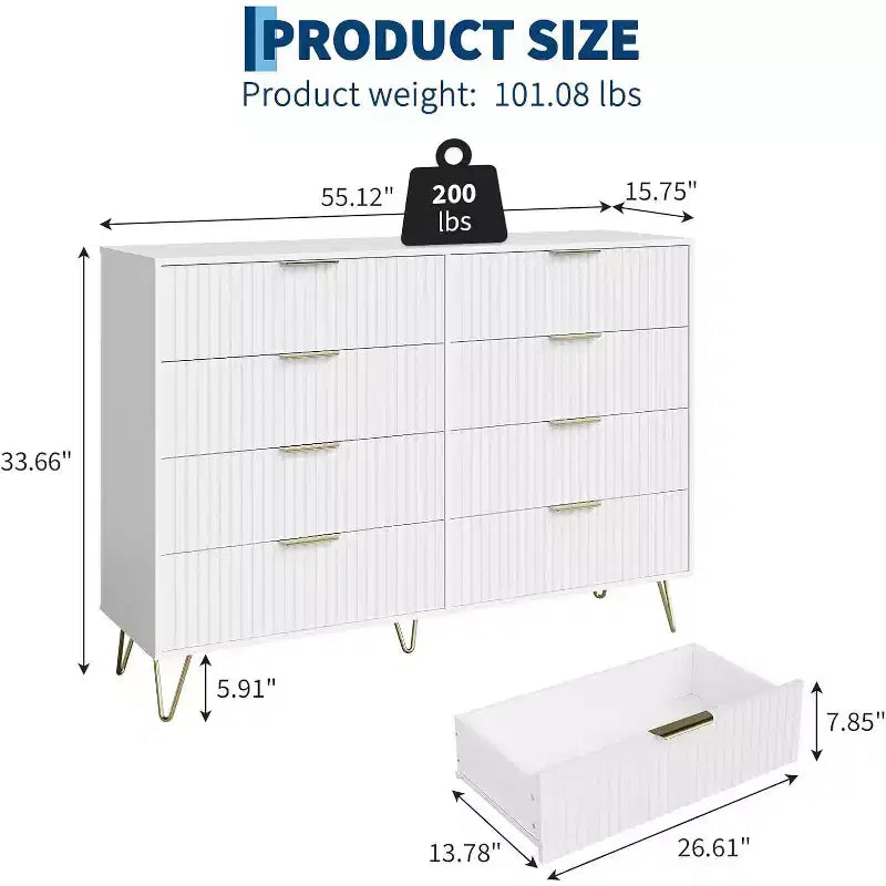 Acekool Fluted Dresser, 55 Wide Modern Bedroom Chest, Storage Organizer & TV Stand
