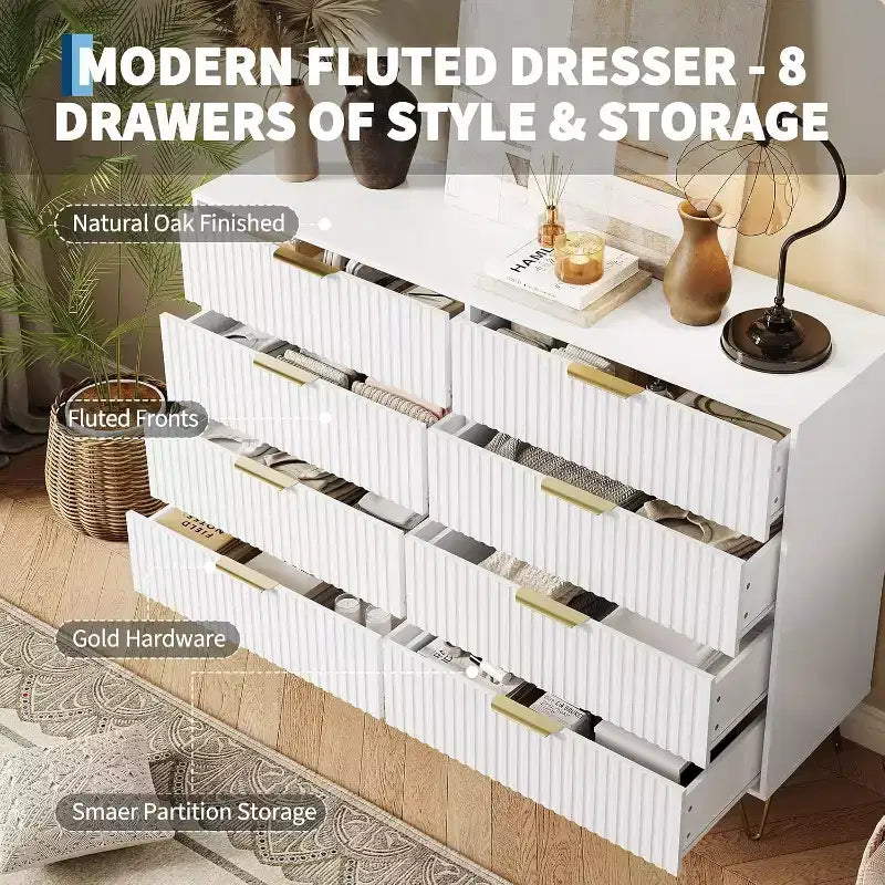 Acekool Fluted Dresser, 55 Wide Modern Bedroom Chest, Storage Organizer & TV Stand