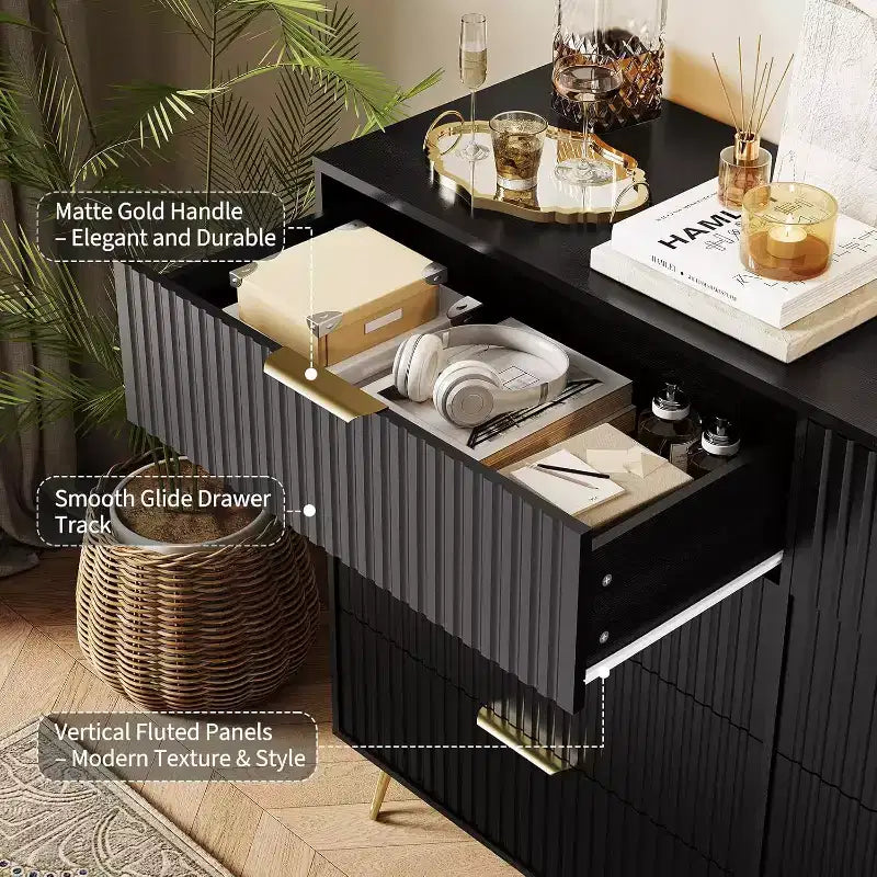 Acekool Fluted Dresser, 55 Wide Modern Bedroom Chest, Storage Organizer & TV Stand