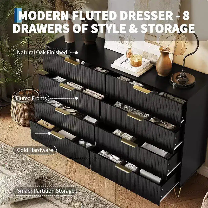 Acekool Fluted Dresser, 55 Wide Modern Bedroom Chest, Storage Organizer & TV Stand