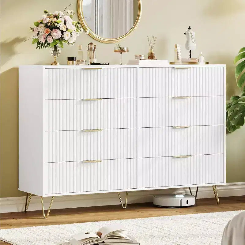 Acekool Fluted Dresser, 55 Wide Modern Bedroom Chest, Storage Organizer & TV Stand