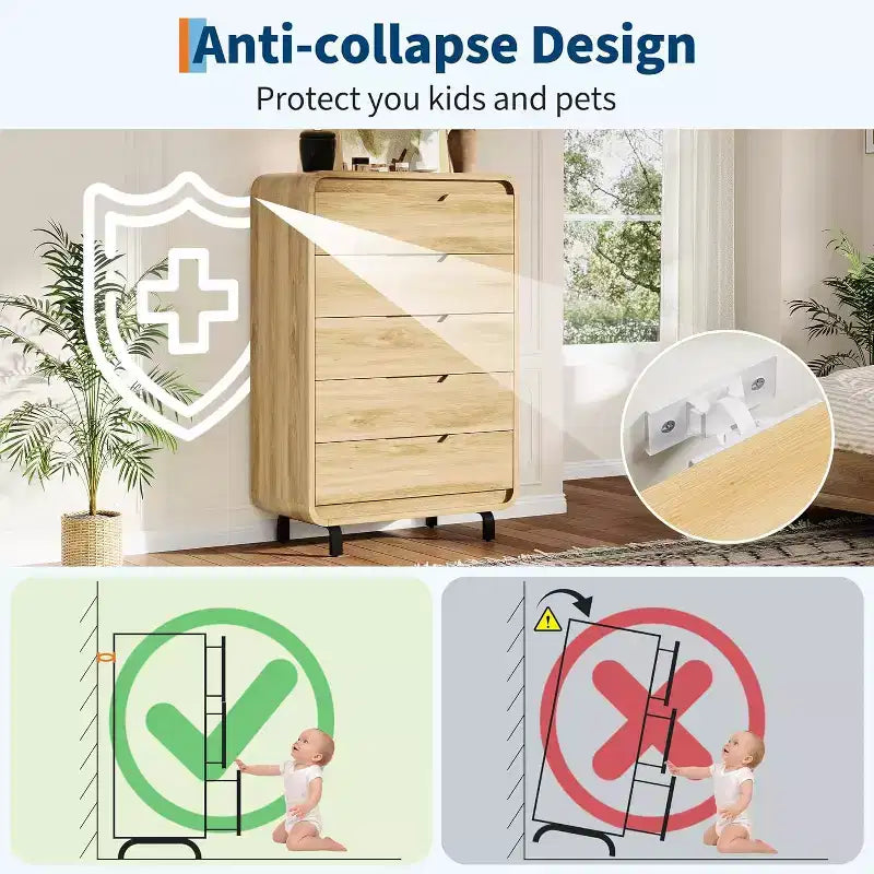 Acekool 5-Drawer Handleless Dresser, Modern Storage Chest for Bedroom or Apartment