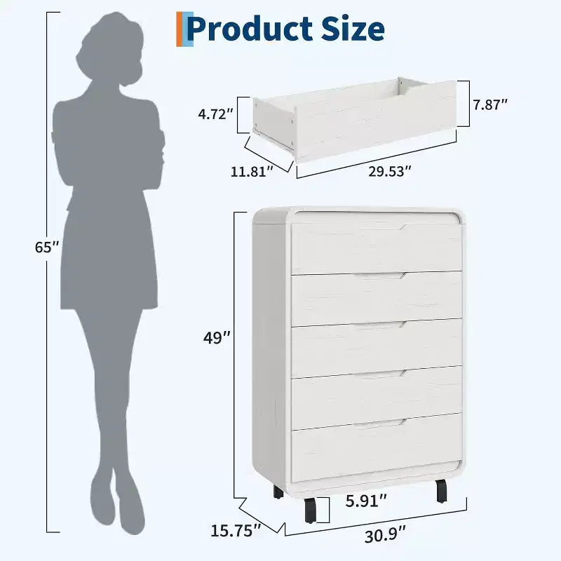 Acekool 5-Drawer Handleless Dresser, Modern Storage Chest for Bedroom or Apartment
