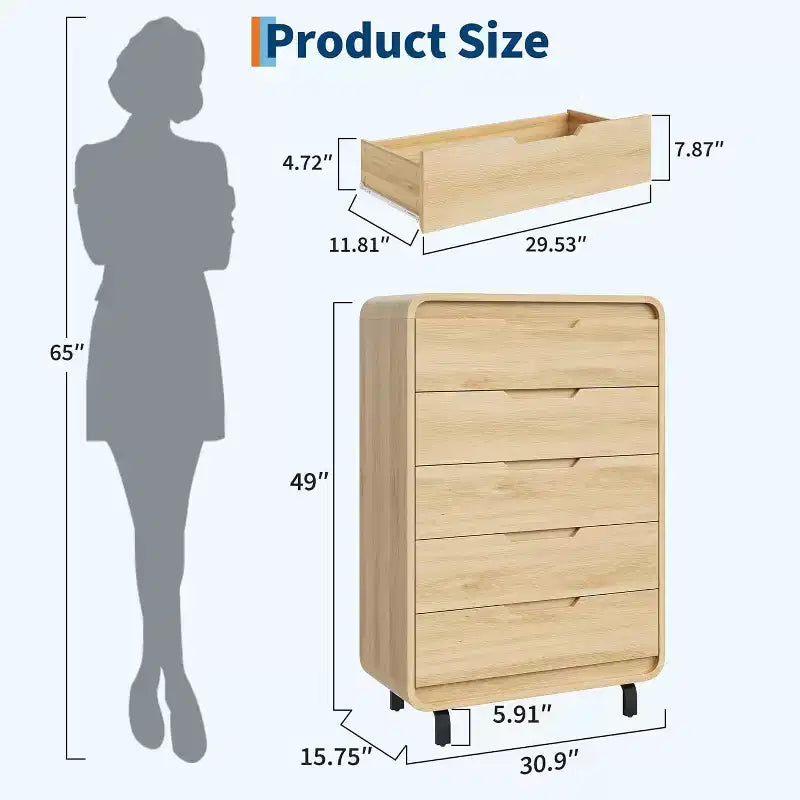 Acekool 5-Drawer Handleless Dresser, Modern Storage Chest for Bedroom or Apartment