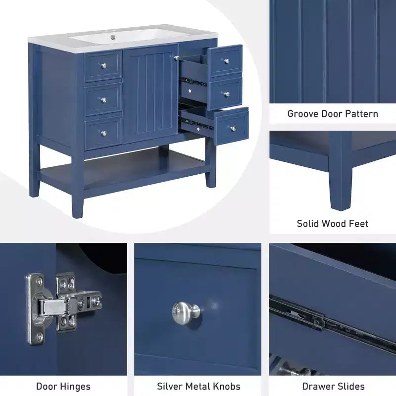36 Modern Bathroom Vanity Sink Combo with Storage , Bathroom Floor Cabinet with Drawers, Wood Bathroom Cabinets Freestanding