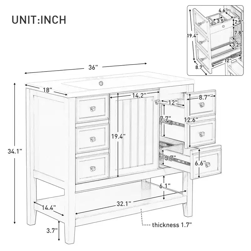 36 Modern Bathroom Vanity Sink Combo with Storage , Bathroom Floor Cabinet with Drawers, Wood Bathroom Cabinets Freestanding