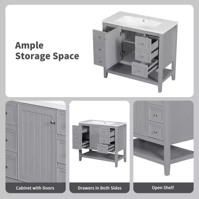 36 Modern Bathroom Vanity Sink Combo with Storage , Bathroom Floor Cabinet with Drawers, Wood Bathroom Cabinets Freestanding