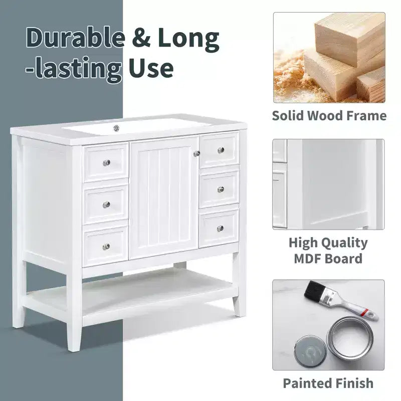 36 Modern Bathroom Vanity Sink Combo with Storage , Bathroom Floor Cabinet with Drawers, Wood Bathroom Cabinets Freestanding