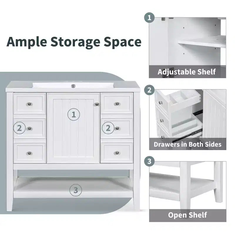 36 Modern Bathroom Vanity Sink Combo with Storage , Bathroom Floor Cabinet with Drawers, Wood Bathroom Cabinets Freestanding