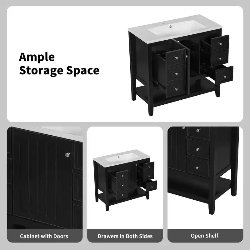 36 Modern Bathroom Vanity Sink Combo with Storage , Bathroom Floor Cabinet with Drawers, Wood Bathroom Cabinets Freestanding