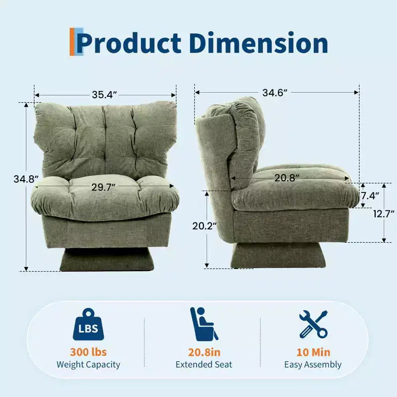 Oversized Swivel Accent Chair, Chenille Upholstered Single Sofa Chair, Comfy Leisure Chair for Living Room, Bedroom, Office, 300Lb Max Load
