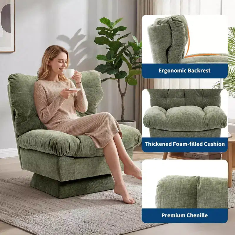 Oversized Swivel Accent Chair, Chenille Upholstered Single Sofa Chair, Comfy Leisure Chair for Living Room, Bedroom, Office, 300Lb Max Load