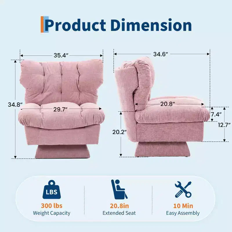 Oversized Swivel Accent Chair, Chenille Upholstered Single Sofa Chair, Comfy Leisure Chair for Living Room, Bedroom, Office, 300Lb Max Load