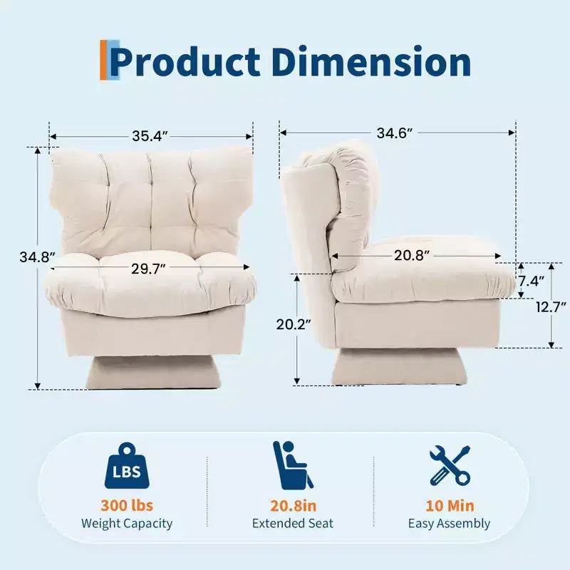 Oversized Swivel Accent Chair, Chenille Upholstered Single Sofa Chair, Comfy Leisure Chair for Living Room, Bedroom, Office, 300Lb Max Load
