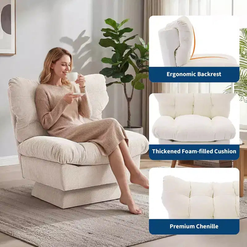 Oversized Swivel Accent Chair, Chenille Upholstered Single Sofa Chair, Comfy Leisure Chair for Living Room, Bedroom, Office, 300Lb Max Load