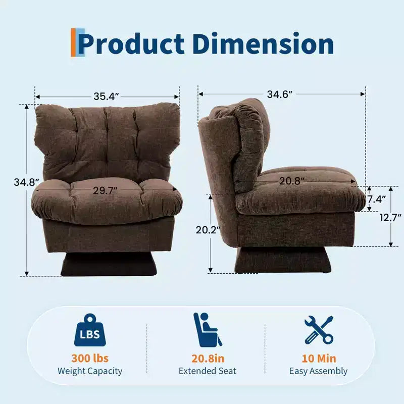 Oversized Swivel Accent Chair, Chenille Upholstered Single Sofa Chair, Comfy Leisure Chair for Living Room, Bedroom, Office, 300Lb Max Load