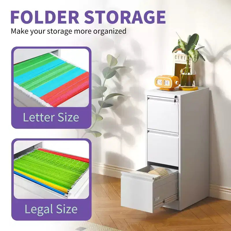 VIYET 52 3-Drawer White Metal Vertical File Cabinet with Lock - Steel Filing Cabinet for A4, Legal & Letter Files, Modern Home Office