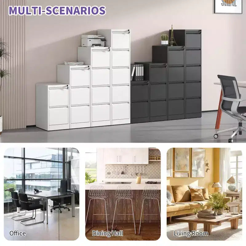 VIYET 52 3-Drawer White Metal Vertical File Cabinet with Lock - Steel Filing Cabinet for A4, Legal & Letter Files, Modern Home Office