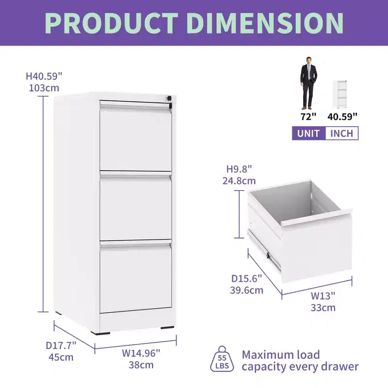 VIYET 52 3-Drawer White Metal Vertical File Cabinet with Lock - Steel Filing Cabinet for A4, Legal & Letter Files, Modern Home Office