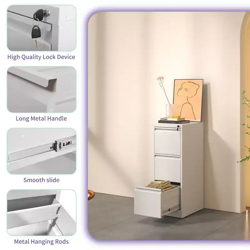 VIYET 52 3-Drawer White Metal Vertical File Cabinet with Lock - Steel Filing Cabinet for A4, Legal & Letter Files, Modern Home Office